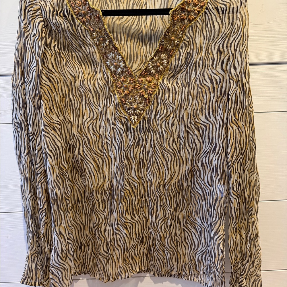Cache Zebra Print Tunic Coverup with Gold Accents